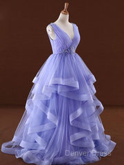 Lavender Tulle V-Neckline Layers Long Sweet 16 Dresses, Light Purple Prom Dresses Party Dresses