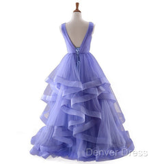 Lavender Tulle V-Neckline Layers Long Sweet 16 Dresses, Light Purple Prom Dresses Party Dresses
