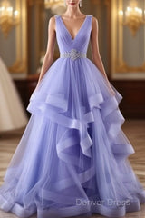 Lavender Tulle V-Neckline Layers Long Sweet 16 Dresses, Light Purple Prom Dresses Party Dresses