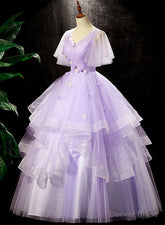 Lavender Tulle V-neckline Sweet 16 Dress with Flowers, Lavender Formal Dress Prom Dress