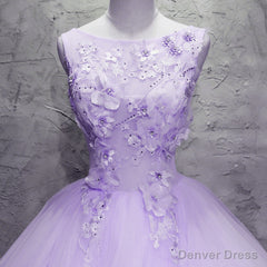 Lavender Tulle with Flowers Ball Gown Sweet 16 Dress, Lavender Long Formal Dress