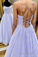 Lavender Spaghetti Strap Sparkly Prom Dresses Long, Shiny Long Evening Dresses