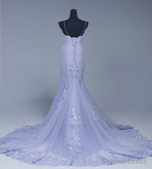 Lavener Tulle with Lace Sheath Spaghetti Straps Evening Dresses, Long Prom Dresses