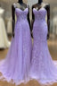 Leaf Lace Long Violet Purple Prom Dresses Corset Bodice