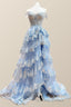 Off the Shoulder Light Blue Appliques Tiered Prom Gowns