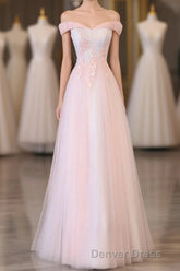 Light Pink Lace Off Shoulder Lonng Prom Dresses, Pink Evening Dresses