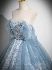 Light Blue A-Line Lace And Tulle Long Party Dresses, Blue Round Neckline Prom Dresses
