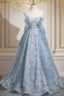 Light Blue A-Line Lace And Tulle Long Party Dresses, Blue Round Neckline Prom Dresses