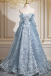 Light Blue A-Line Lace And Tulle Long Party Dresses, Blue Round Neckline Prom Dresses