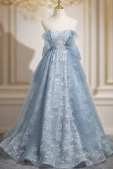 Light Blue A-Line Lace And Tulle Long Party Dresses, Blue Round Neckline Prom Dresses