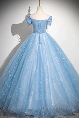 Light Blue A-Line Off Shoulder Tulle Sequins Long Prom Dresses Evening Dresses