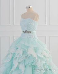 Light Blue A-Line Strapless Tulle Lace Long Prom Dress Vintage Wedding Dress