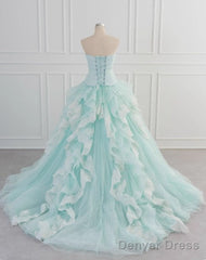 Light Blue A-Line Strapless Tulle Lace Long Prom Dress Vintage Wedding Dress