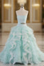 Light Blue A Line Strapless Tulle Lace Long Prom Dress Vintage Wedding Dresses