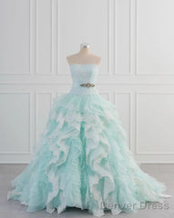 Light Blue A-Line Strapless Tulle Lace Long Prom Dress Vintage Wedding Dress