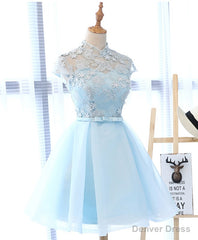 Light Blue Applique Short Prom Dress, Blue Homecoming Dress