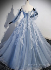 Light Blue Ball Gown Long Sleeves Beaded Party Dresses, Light Blue Prom Dresses
