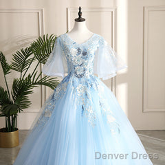 Light Blue Ball Gown V-Neckline Puffy Sleeves Party Dress, Light Blue Prom Dress
