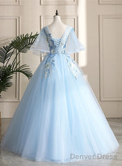 Light Blue Ball Gown V-Neckline Puffy Sleeves Party Dress, Light Blue Prom Dress