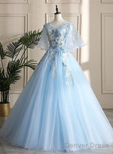 Light Blue Ball Gown V-Neckline Puffy Sleeves Party Dress, Light Blue Prom Dress
