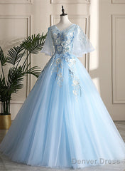 Light Blue Ball Gown V-Neckline Puffy Sleeves Party Dress, Light Blue Prom Dress