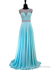 Light Blue Beaded Crystals Sheer Back African Chiffon Prom Dress