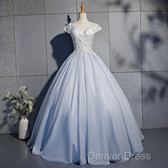 Light Blue Cap Sleeves Lace Top Ball Gown Sweet 16 Gown, Light Blue Prom Dresses Formal Dresses
