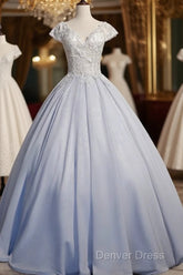 Light Blue Cap Sleeves Lace Top Ball Gown Sweet 16 Gown, Light Blue Prom Dresses Formal Dresses