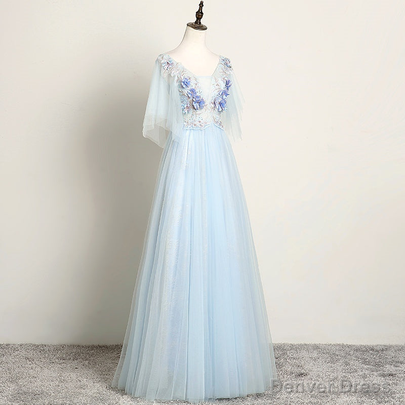 Light Blue Flower Lace V-neckline Puffy Sleeves Long Party Dress, Blue