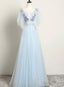 Light Blue Flower Lace V Neckline Puffy Sleeves Long Prom Dress, Blue Prom Dress