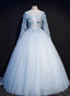 Light Blue Flowers Lace Round Neckline Ball Gowns Sweet 16 Dress, Blue Long Prom Dresses