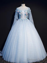 Light Blue Flowers Lace Round Neckline Ball Gown Sweet 16 Dress, Blue Long Formal Dresses