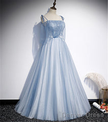 Light Blue Glitter Spaghetti Straps Formal Dress, Lace Up Back Wedding Dress Glitter Tulle Prom Dresses