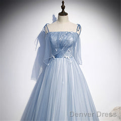 Light Blue Glitter Spaghetti Straps Formal Dress, Lace Up Back Wedding Dress Glitter Tulle Prom Dresses