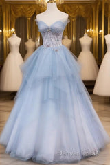 Light Blue Gradient Tulle With Beaded Long Formal Dresses, Light Blue Long Prom Dresses