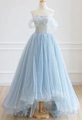 Light Blue High Low Tulle Sweetheart Prom Dresses, Light Blue Homecoming Dresses