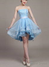 Light Blue Lace And Organza High Low Dresses, High Low Party Dresses, Cute Teen Dresses