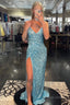 Light Blue Lace Up Back Sequins Prom Dresses with Slit