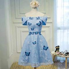 Light Blue Lace With Butterflies Short Homecoming Dresses, Blue Prom Dresses