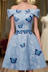 Light Blue Lace With Butterflies Short Homecoming Dresses, Blue Prom Dresses
