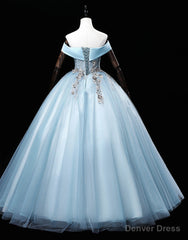Light Blue Off Shoulder Flowers Tulle Long Party Dress, Light Blue Sweet 16 Dress