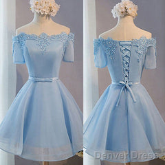 Light Blue Off Shoulder Half Sleeve Lace Appliques Lace Up Back Lovely Homecoming Dresses