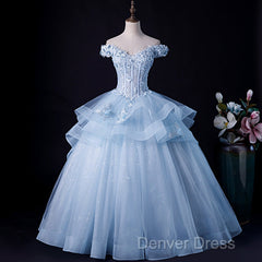 Light Blue Off Shoulder Lace Applique Ball Gown Formal Dresses, Blue Sweet 16 Gown