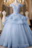 Light Blue Off Shoulder Lace Applique Ball Gowns Prom Dresses, Blue Sweet 16 Gowns