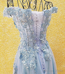 Light Blue Off Shoulder Long Party Dress with Flowers, Tulle Blue Evening Dress Prom Dress