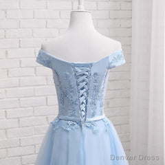 Light Blue Off Shoulder Tulle Party Dress, Blue Homecoming Dresses