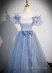 Light Blue Off Shoulder Tulle Sweetheart Formal Dresses, Light Blue A-Line Prom Dresses