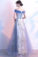 Light Blue Off Shoulder Tulle With Lace Long Evening Dress Prom Dress, Blue Formal Dresses
