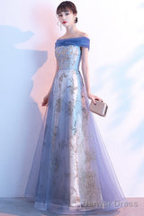 Light Blue Off Shoulder Tulle With Lace Long Evening Dress Prom Dress, Blue Formal Dresses
