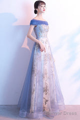 Light Blue Off Shoulder Tulle With Lace Long Evening Dress Prom Dress, Blue Formal Dresses